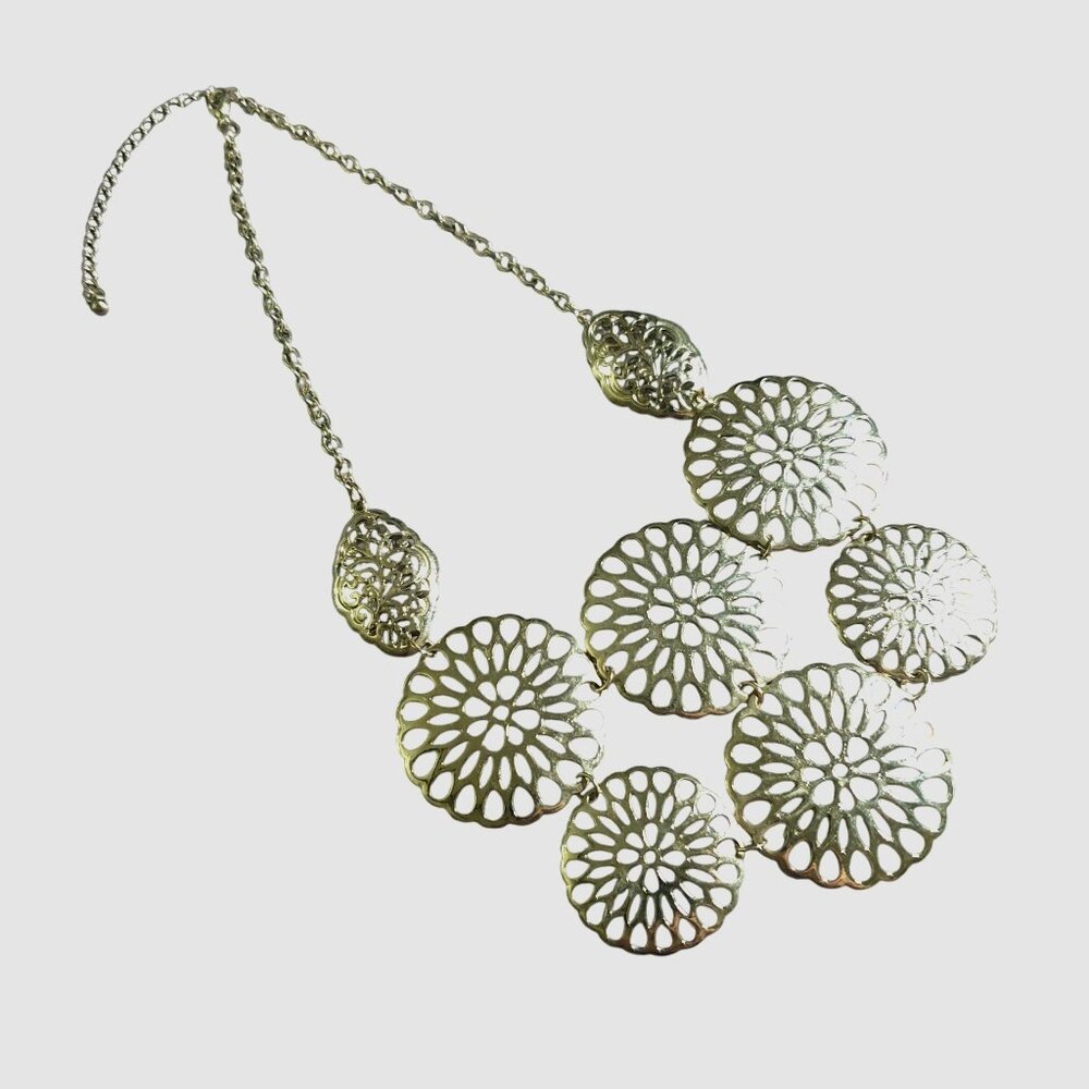 Medallion Women Bib Necklace With Silver Tone Filigree Design Adjustable Chain